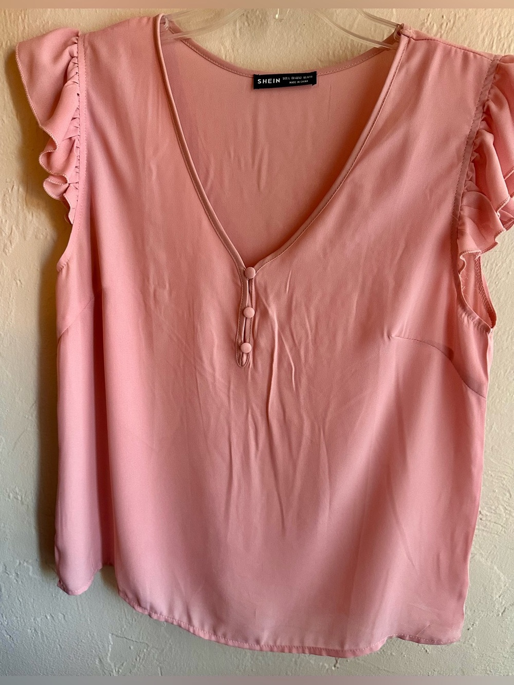 SHEIN Soft Pink V-Neck Ruffle Sleeve Blouse